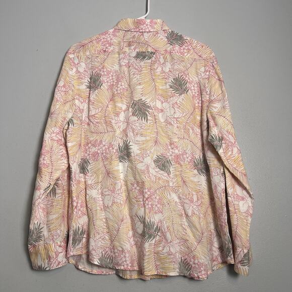 Tommy Bahama Women's L Linen Button Up Shirt Roll Tab Coral Pink Floral Vacation - Picture 13 of 14
